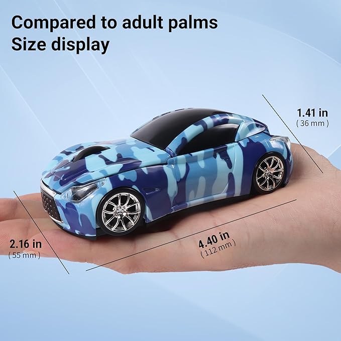 elec Space Wireless Car Mouse with LED Headlights, 2.4G Unique Car Mouse for Kids, 1600 DPI Cute Gaming Mouse for Laptop PC Computer - Navy Blue