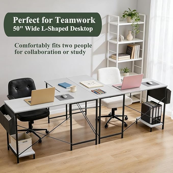 L Shaped Desk, 50 Inch Reversible Computer Desk Corner Gaming Table with CPU Stand & Storage Bag, Sturdy Metal Frame PC Workstation for Home Office, White Wood