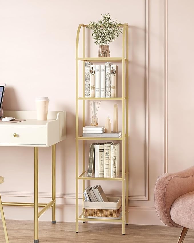 Hzuaneri Bookcase Bookshelf, Tempered Glass Arched Bookshelf for More Storage, Slim Shelving Unit for Bedroom, Bathroom, Home Office, Steel Frame, 5 Tier Gold BC20599G