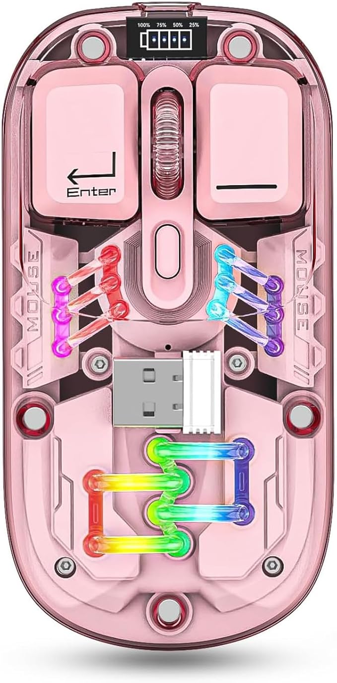Wireless Bluetooth Mouse, Transparent BT + 2.4G Dual-Mode Mechanical Mouse with Magnetic Top Cover, Rechargeable RGB Backlit Gaming Mouse for Gaming/Esports/Desktop/Laptops/Tablets (Pink)