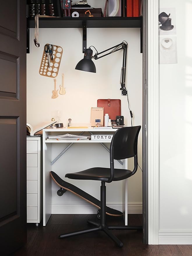 Desk and Chair Set, White and Black, Compact Study Table with Swivel Chair, Modern Home School Furniture Set