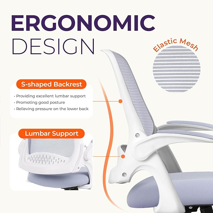 NEO Chair Office Desk Gaming Ergonomic Computer Chair with Lumbar Back Support Adjustable Height Swivel Rolling Wheels Flip-up Arms Mesh Chair for Home Vanity (Purple)