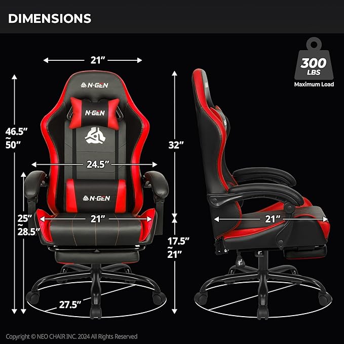 NEO CHAIR Video Gaming Chair with Footrest High Back Ergonomic Comfortable Office Computer Desk with Lumbar Support Height Adjustable with PU Leather Recliner for Adults Women Men (Red)