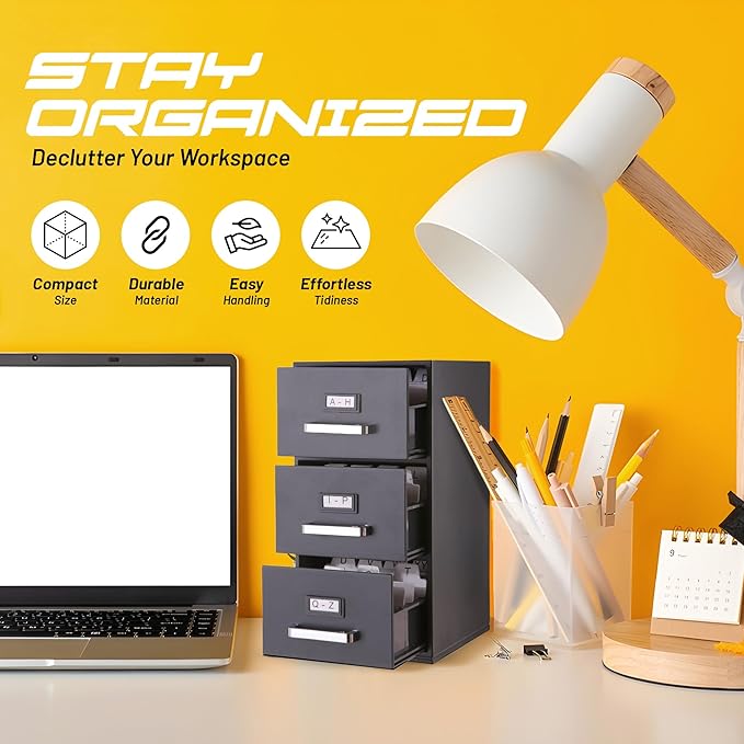 Desktop Mini Filing Cabinet | Business Card Organizer & Storage | Desktop Organizer | 3 Drawers | Gray | 8.75H x 4.5W x 5D inches (Pencil Case Not Included, For Size Reference Only)