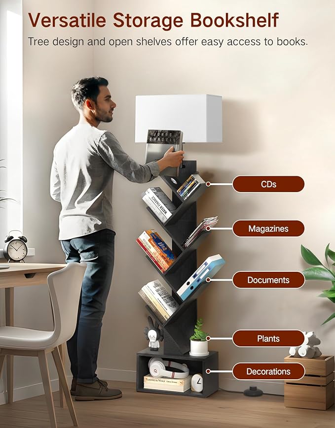 6 Tier Tree Bookshelf with Light, Remote & Timer, Modern Tall Floor Standing Book Shelf, Narrow Wood Bookcase, Small Book Organizer Shelves for Living Room, Bedroom, Office (Black)
