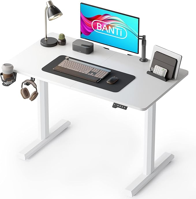 BANTI 44 x 24 Inches Standing Desk, Height Adjustable Electric Standing Desk, Stand up Table, Sit Stand Home Office Desk with Splice Board, White