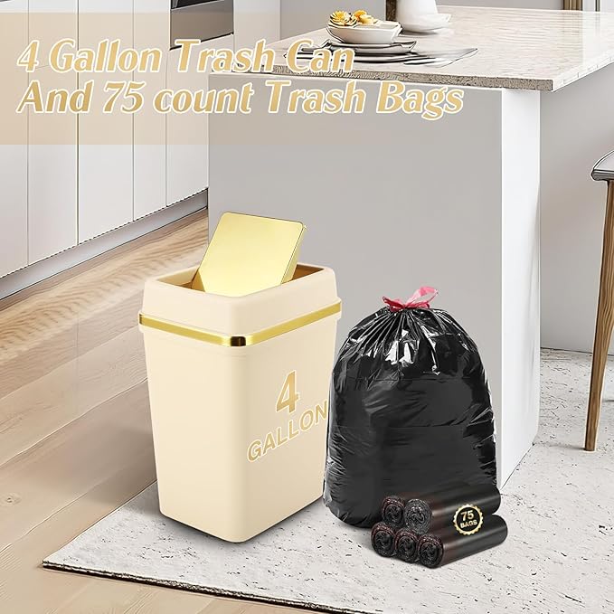 Bathroom Trash Can with Lid 4 Gallon Small Trash Can with Swing Lid Black/White/Beige Bathroom Garbage Can with 225 Counts Trash Bags for Kitchen Bedroom Office