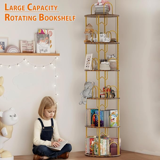 5 Tier Rotating Bookshelf, 360° Spinning Bookshelf Tower, Narrow Corner Book Shelf, Revolving Bookcase Corner Tall Book Shelf for Small Spaces, Bedroom, Living Room, Gold