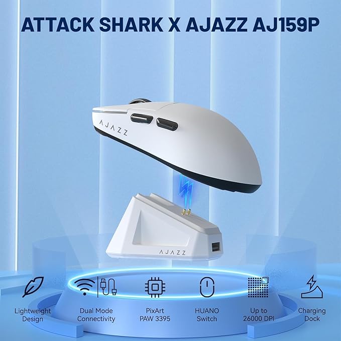 ATTACK SHARK X Ajazz AJ159 Superlight Gaming Mouse with RGB Charging Dock,PAW3395 26K DPI Sensor,56G Rechargeable Wireless Gaming Mouse,6 Programmable Buttons,Ergonomic Computer Mice USB3.0 for PC/MAC
