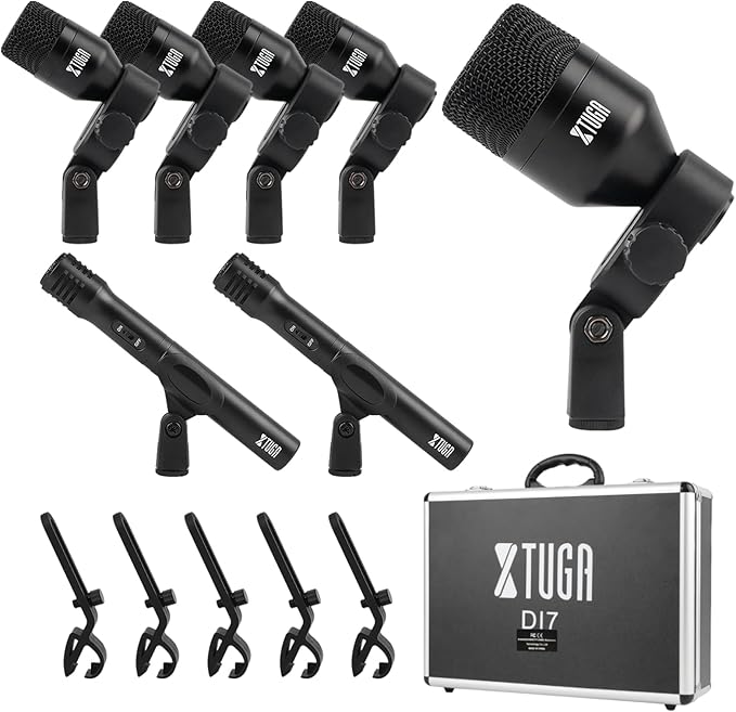 XTUGA DI7 7-Piece Drum Microphone Kit – No XLR Cable Needed, Metal Kick/Bass Drum Mic, Tom/Snare & Cymbal Mics with Clips, for Stage Performances & Studio Recording