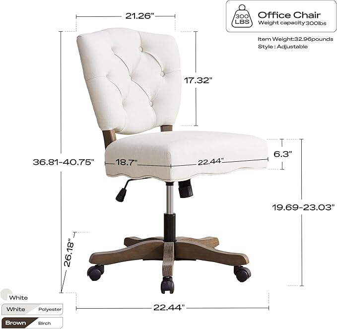 HUIMO Upholstered Swivel Desk Chair Chenille Tufted Fabric Home Office Chair with Wheels Adjustable Height Classic Task Chair with Wooden Legs Comfortable Armless Chair for Studio Study (Beige)