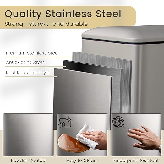 Bathroom Trash Can with Lid, 16.7L/ 4.4 Gallon Rectangular Slim Trash Can with Removable Inner Bucket, Soft Close lid, Stainless Steel Step Pedal Garbage Can for Bathroom, Kitchen, Home Office, Grey