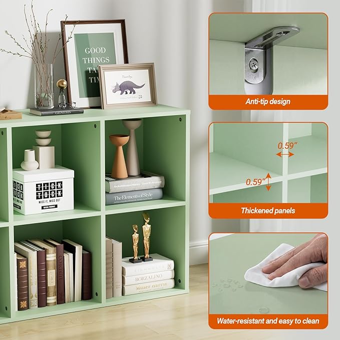 Wooden 6 Cube Storage Organizer with Closed Back Panel, Modern Open Cube Storage Shelf Bookshelf with Compartments, Cube Shelf Organizer for Living Room, Bedroom, Study Room (Green)