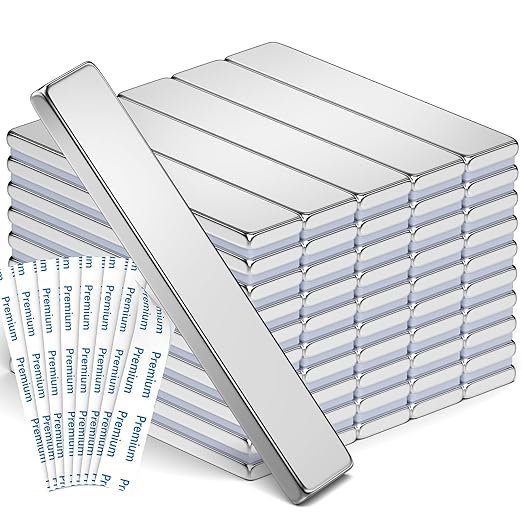 FINDMAG Silver Bar Magnets, 50 Pack Bar Magnets with Double-Sided Adhesive, Fridge Bar Magnet, Magnet for Fridge, Garage, Kitchen, DIY, 60x10x3mm