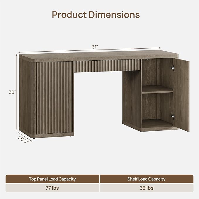 SICOTAS 61" Large Office Computer Desk with Storage Modern Home Office Desks with Drawer & Doors Fluted Desks Executive Desk Wooden Writing Table Vanity Table for Living Room Bedroom, Grey Alder