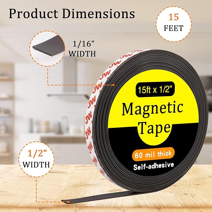 Magnetic Tape, 15 Feet × 1/2 Inch Magnet Tape with Adhesive Backing, Magnetic Strip Ideal for Classroom Projects, Crafts, and Home Organization