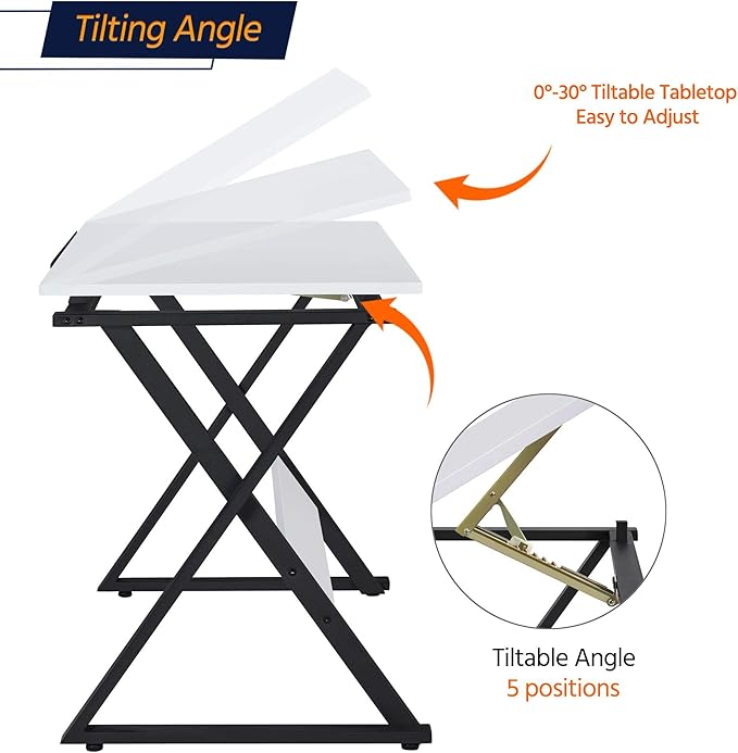 Topeakmart Height Adjustable Drawing Table Drafting Table up to 30 Degrees, Art Tilting Tabletop Workstation for Artists, Home Furniture Art Desk for Writing/Studying/Reading, White