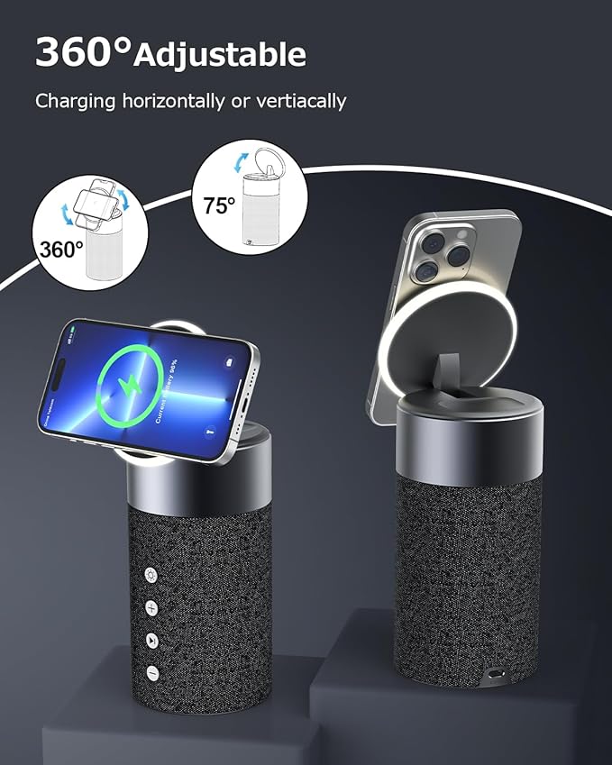 COLSUR Bluetooth Speaker, Magnetic Wireless Charger, Bluetooth Speakers with Night Light, 2 in 1 Wireless Charging Station for iPhone 17/16/15/14/13/12 Series, AirPods Pro 2/4/3/2（Gift Ideal）(Black)