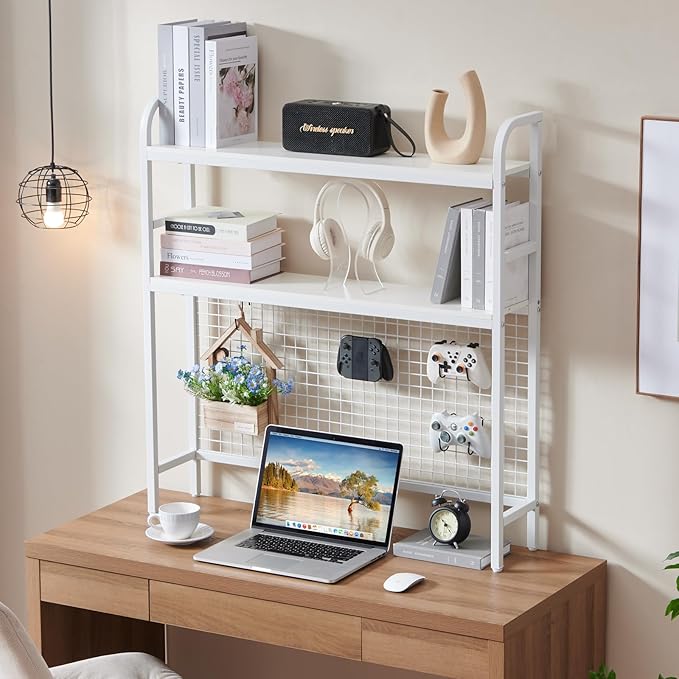 Desktop Hutch Shelf Organizer, 2-Tier Metal & MDF Desk Bookshelf with Grid Panel and Hooks for Office & Dorm (White, 36.8")