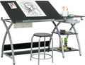 Deluxe Comet Craft Station with Stool, Adjustable Drafting & Art Desk with Storage Shelves, Pencil Ledge, Wire Mesh Drawer, 45° Tilting Top, Steel Frame, Silver/Black