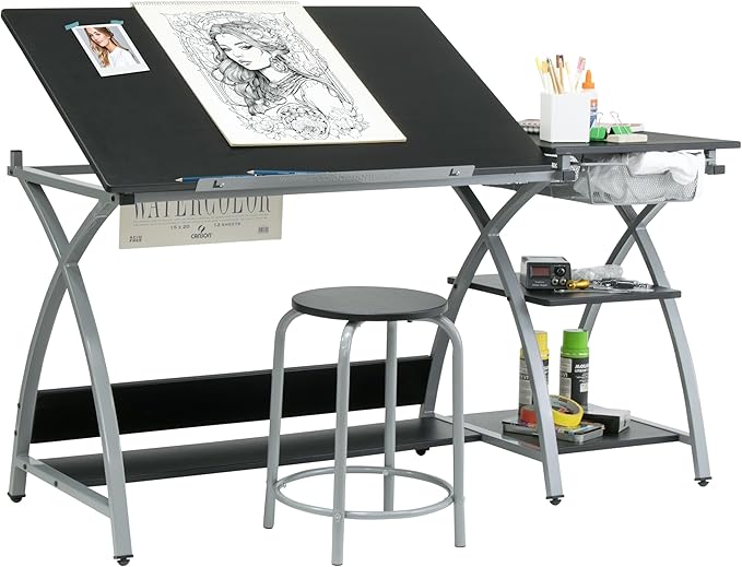 Deluxe Comet Craft Station with Stool, Adjustable Drafting & Art Desk with Storage Shelves, Pencil Ledge, Wire Mesh Drawer, 45° Tilting Top, Steel Frame, Silver/Black