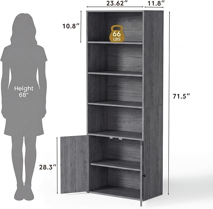 YESHOMY Farmhouse Bookshelf and Bookcase with Doors, Industrial Bookshelves and Bookcases Floor Standing Display 6-Tier Shelf Storage Shelves 71.5 inchs for Home Office, Living Room, Gray, 1 PCS