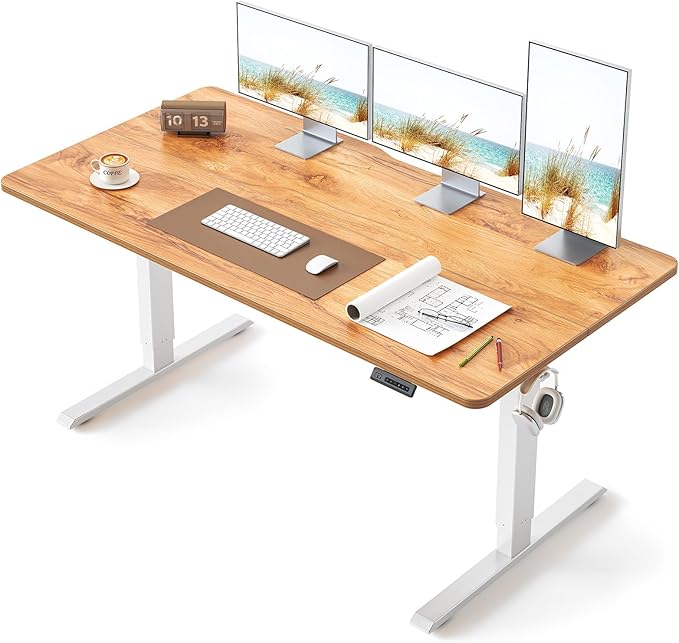 BANTI 63 × 28 Inches Standing Desk, Ergonomic, Electric Height Adjustable, Sit and Stand Up, Computer Desk with a Deeper Desktop, White Frame/Light Rustic Top