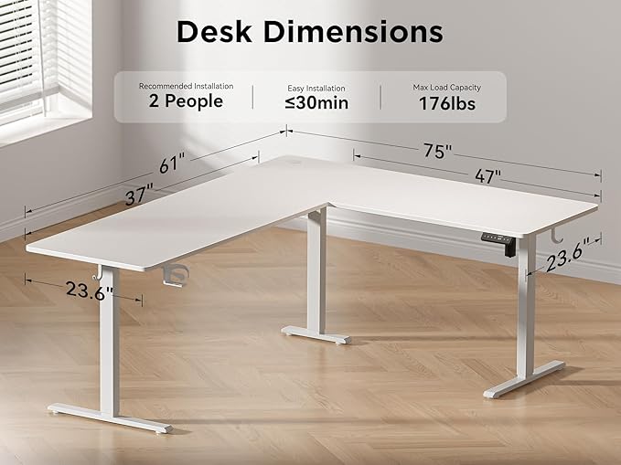 WALKINGDESK 75x61 Inches Reversible L Shaped Standing Desk Height Adjustable with Cup Holder, Electric Corner Computer Workstation for Home Office, Ergonomic Sit Stand up Gaming Desk, White