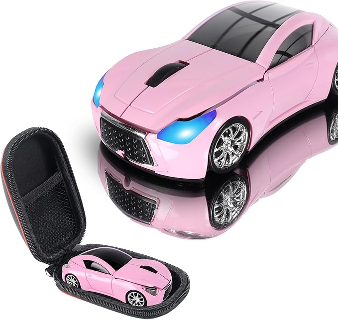 elec Space Wireless Mini Mouse with Case - Cute Sports Car Shape, Lightweight & Portable, 10m Range, Plug and Play (Pink)