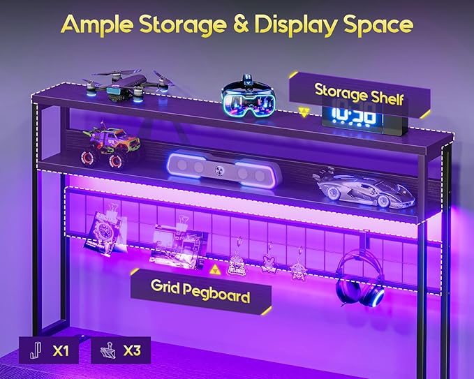 AODK 59 Inch L Shaped Desk with 4 Drawers, Gaming Desk with Led Lights & Power Outlets, Computer Desk with Pegboard & Keyboard Tray, Reverisble Home Office Desk with Storage Shelves & CPU Stand, Black