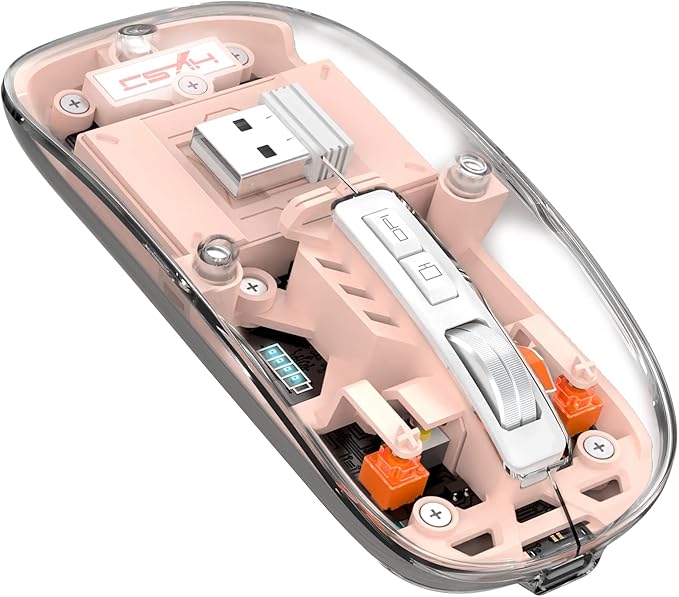 A.JAZZ Wireless Bluetooth5.1&2.4G Mini Lightweight Mouse,Transparent Clear Cool,Rechargeable Silent Computer Mice,Nano USB C Receiver,LED Battery Magic Silm for Office/PC/Mac/Laptop/Apple/ipad(Pink)