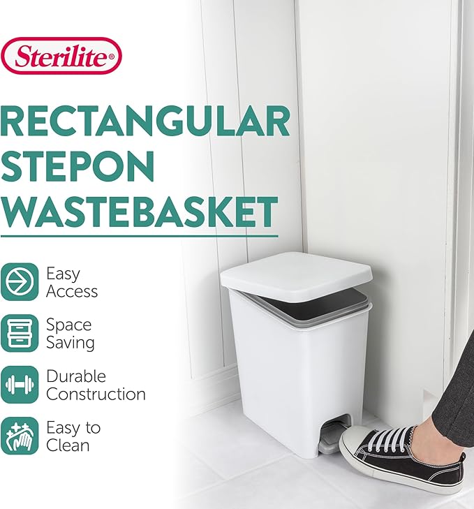 Sterilite 2.7 Gallon Rectangular Step On Kitchen Trash Bin Plastic Indoor Wastebasket with Removable Liner and Bag Holding Feature, White (6 Pack)