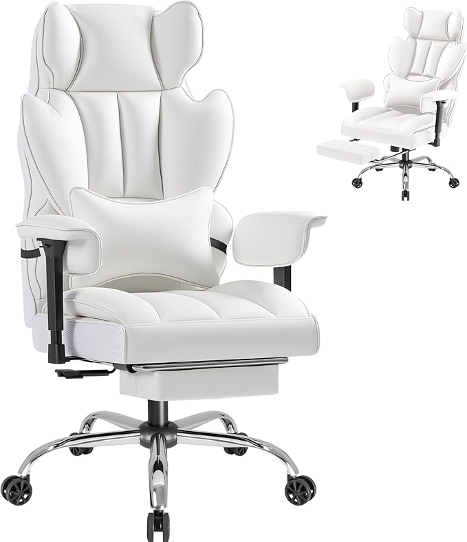 Furmax Big and Tall Office Chair, High Back Gaming Chair with Footrest for Heavy People, 400LBS Ergonomic Comfy Office Chair with Adjustable Armrests for Home Office (White)