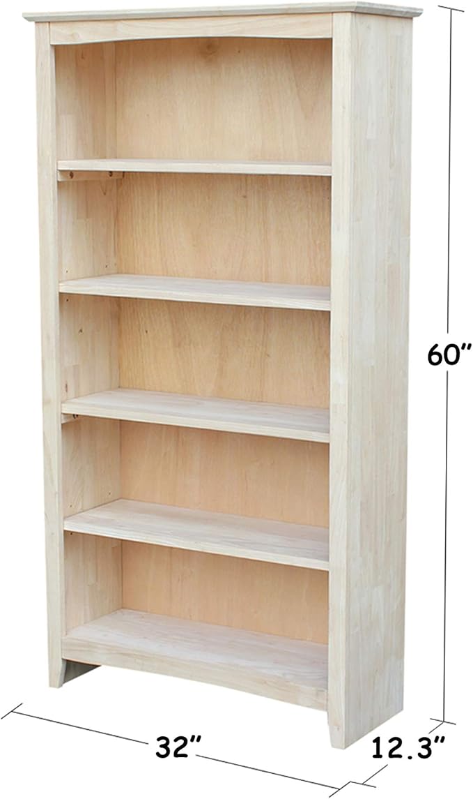 Solid Wood Bookcase 60" High Unfinished Parawood Shelves, Adjustable Storage Organizer, Kitchen/Dining Furniture