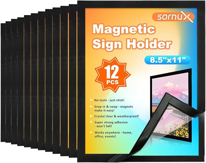 8.5 x 11 Magnetic Sign Holder 12 Pack, Self-Adhesive Wall Mount Sign Holder, Magnetic Document Holder for Home Office Store Poster Paper