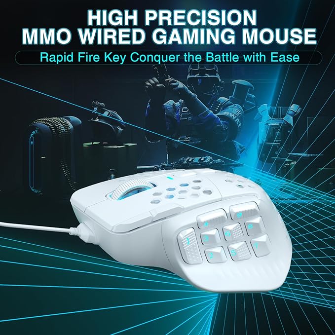 SOLAKAKA SM809 Gaming Mouse for MMO,24000 DPI,16 Programmable,RGB PC Gaming Mice,White