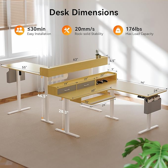 WALKINGDESK 63 Inches Height Adjustable L Shaped Standing Desk with 2 Drawers and Keyboard Tray, Electric Sit to Stand Home Office Comupter Table, Ergonomic Corner Gaming Desk, Oak