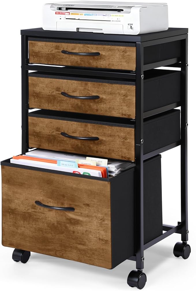 Chunful 4 Drawer Rolling File Cabinet Mobile Printer Stand Metal Cart with Fabric Vertical Filing Chest Wheels A4 Letter Size Under Desk Utility Craft Storage Organizer for Home Office School(Brown)