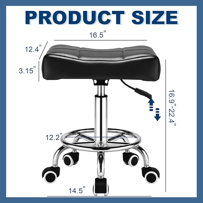 Square Salon Rolling Stool - 300lbs Weight Capacity，Adjustable Swivel Stool with Wheel，Pu Leahter Comfortable Cutting Stools for Salon Tattoo Stylist Massage Perfect for Work SPA (Black)