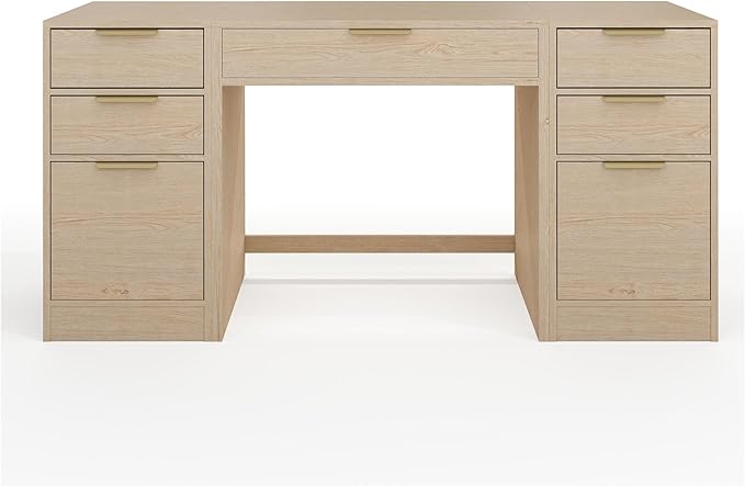 Martha Stewart Kayden Home Office Modular Desk with Drawer and Dual 3 Drawer File Cabinets in Light Natural with Brushed Gold Hardware