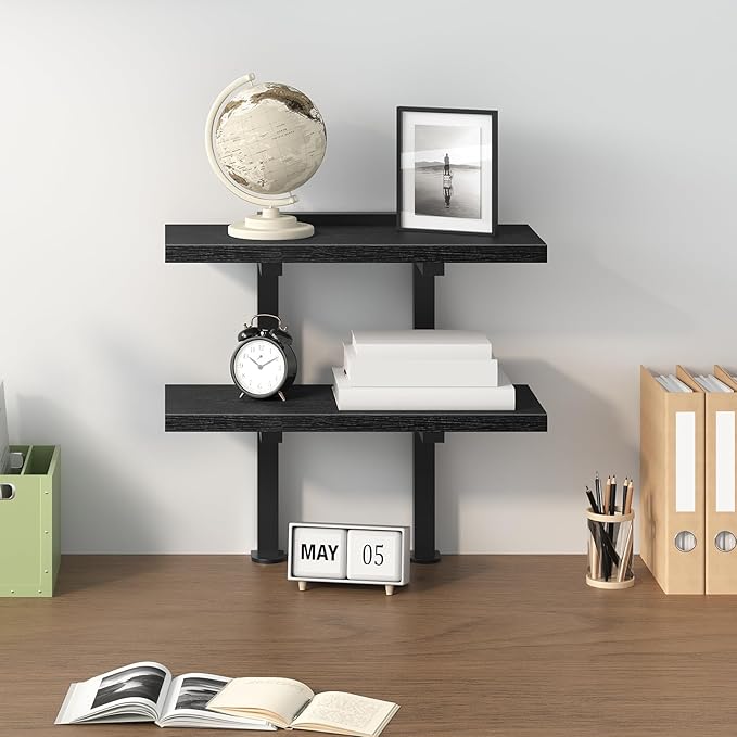 MAHANCRIS Clamp On Desk Organizer, 2-Tier Desktop Bookshelf, Adjustable Desk Storage Shelf, Metal Frame, for Office, Study and Game Room, Black DSBK3501 (Pack of 2)