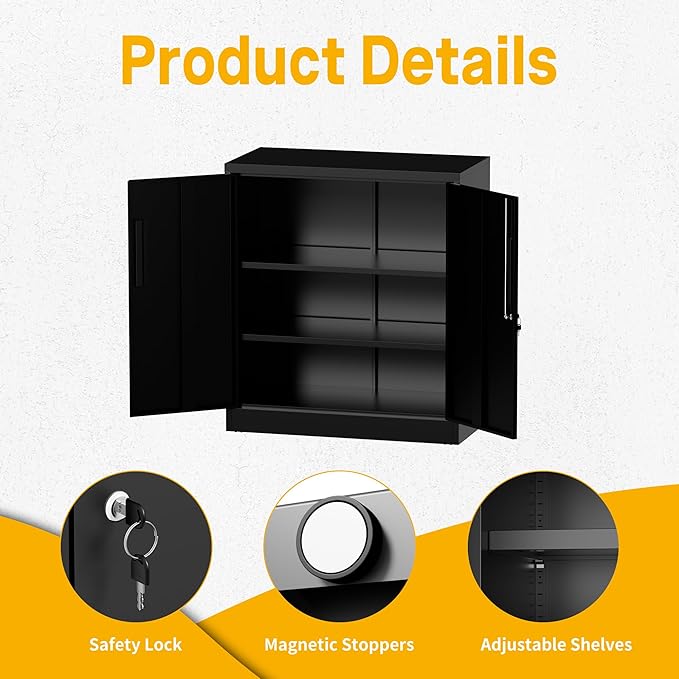 Metal Storage Cabinet, 35" Garage Storage Cabinet with 2 Adjustable Shelves & Lockable Doors, Black Garage Cabinets for Office, Home, Garage, Gym, School