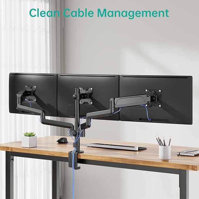 WALI Triple Monitor Mount for 13-27 inch Screens, Adjustable 3 Monitors Desk Mount with Swivel, Tilt, Clamp & Grommet Kit, Triple Monitor Stand for Desk, VESA 75x75/100x100mm (GSDM003), Black