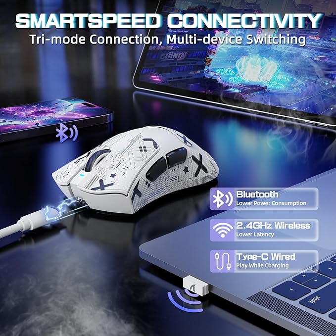 ATTACK SHARK V3 PRO Wireless Esports Gaming Mouse with Magnetic Charging Dock:62g Lightweight-1K Polling-25K DPI-PAW3311 Sensor,Wired/BT/2.4Ghz Programmable,BK52820 IC for PC Laptop Gamer(White+Tape)