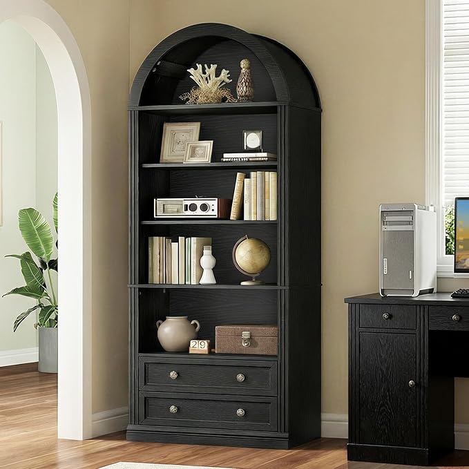 RALGEND Farmhouse Arched Bookshelf, 7 Tiers Arch Bookcase with 2 Spacious Drawers, Modern Book Shelf with Open Display Shelves and Storage Cabinet, for Office, Living Room, Kitchen, Black