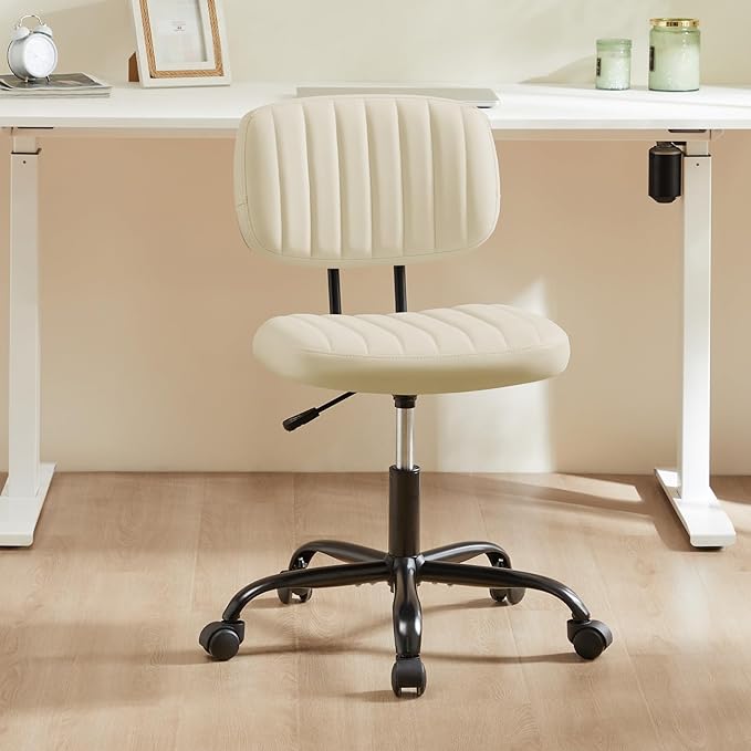 Sweetcrispy Small Office Desk Chair - Armless PU Leather with Comfy Lumbar Support, Height Adjustable Rolling Swivel Task for No Arms, for Adult, Student, Bedroom, Home, Vanity, Beige White