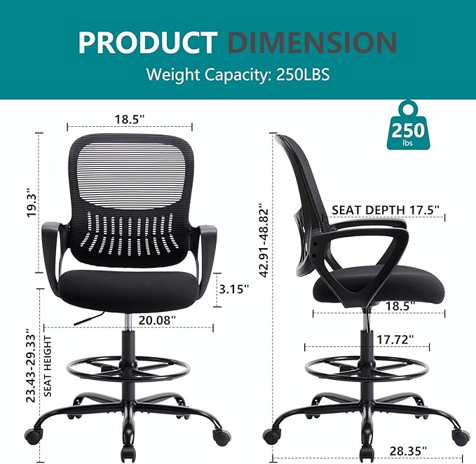 DUMOS Drafting Chair - Counter Height Adjustable Tall Office Desk Chair with Fixed Armrests and Comfortable Lumbar Support for Standing Desk, Deep Black