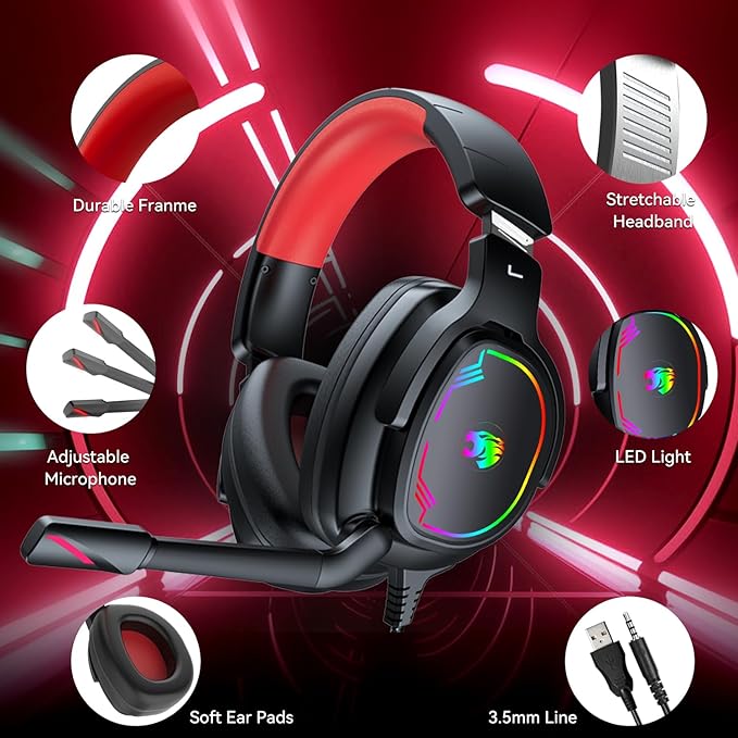 Jimonyer Gaming Headset for PC/PS4/PS5/Xbox One/Switch, Stereo Surround Sound Gaming Headphones with Noise Canceling Flexible Mic, Computer Headset with 3.5mm Jack & RGB Light(Red)