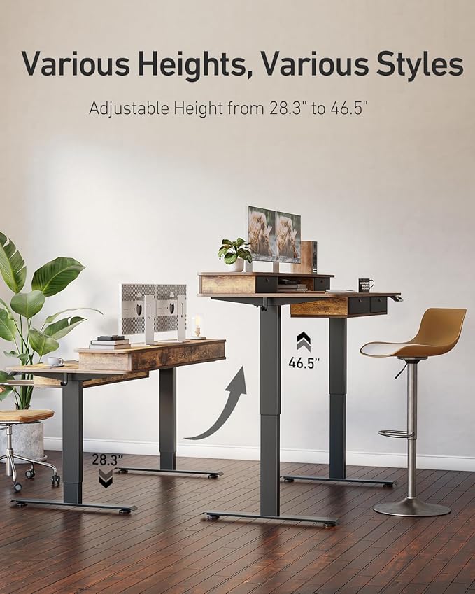 CubiCubi 60" x 30" Standing Desk with Drawers, Height Adjustable Electric Workstation, Computer Sit Stand Up Table with Large Storage Shelf 4 Drawers and 2 Hooks, Rustic Brown