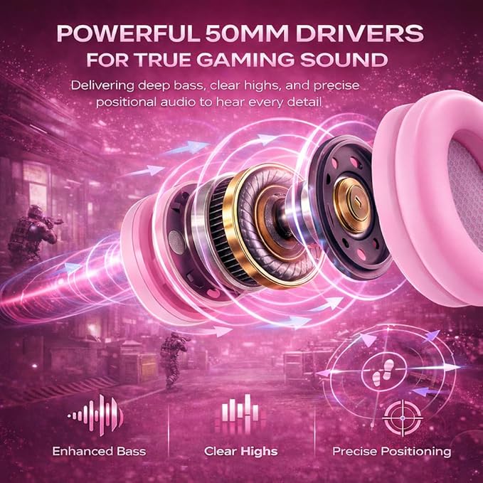 K98 Wired Gaming Headset, Durable Aluminum Frame Gaming Headset with Memory Earmuffs, 50mm Dynamic Drivers Stereo Surround Sound, Over Ear Headset for PC, PS4, PS5, Switch, Xbox One, Mac (Pink)